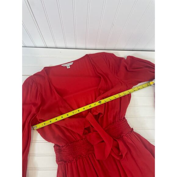 American Eagle Red Romper Tie Front Cut Out Bell Sleeve Smocked Ruffle Size M - Picture 7 of 8
